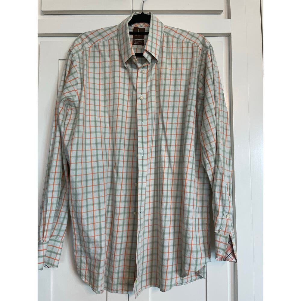 TailorByrd 100% Cotton men's Large green orange plaid long sleeve button up